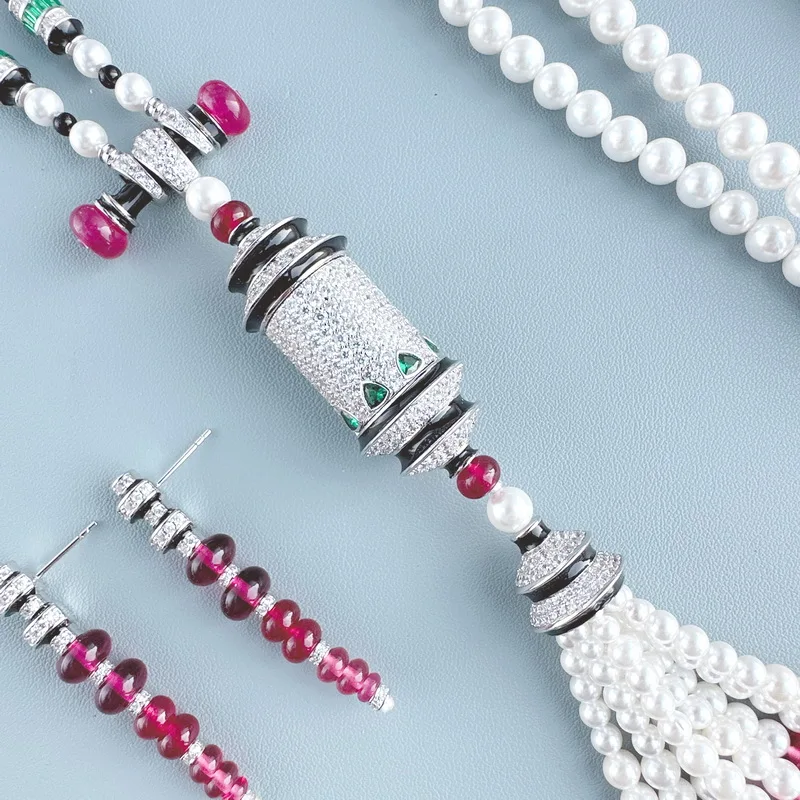 Designer Vintage Style Long Necklace Earrings Inlay Cubic Zircon Tassels Lantern Pendant Red Beads Pearl Chain Jewelry Sets