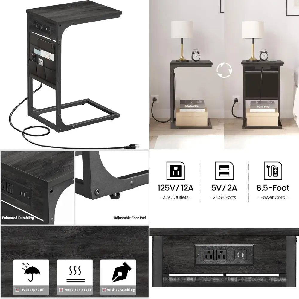 

C-Shaped End Table with USB Charging, Storage and Outlets for Living Spaces