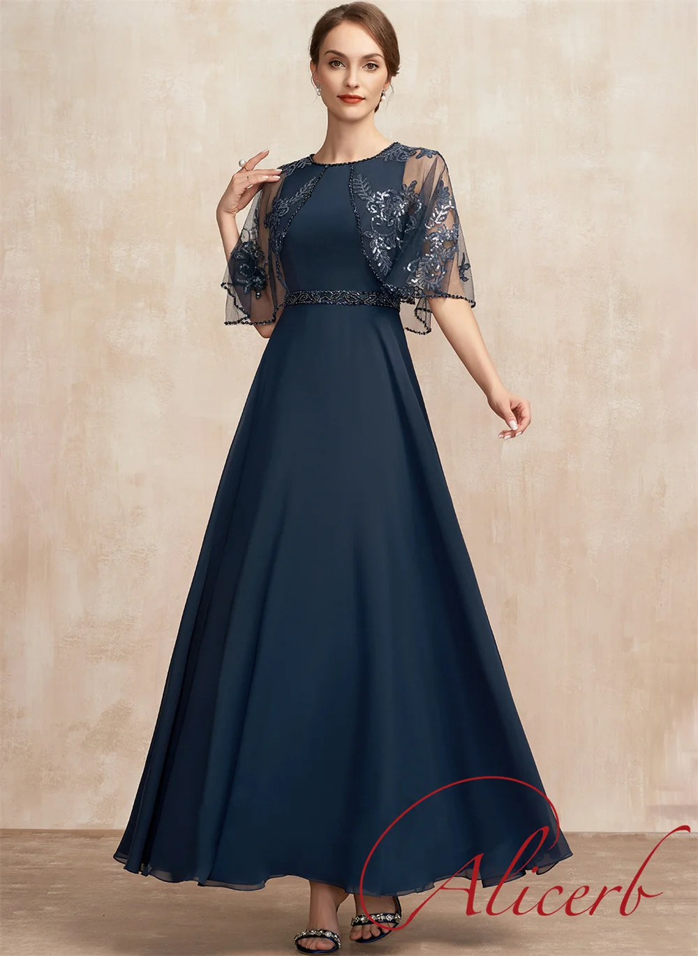 2022 A-Line Chiffon Lace Mother of the Bride Dresses Scoop Neck Ankle-Length With Beading Sequins Formal Party Gowns For Wedding