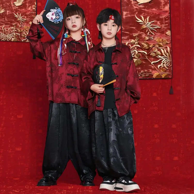 Kostiumy do tańca nowoczesnego w stylu chińskim Jazz dla dzieci Chłopcy Ubrania sceniczne Dziewczyny Hip Hop Dance Streetwear