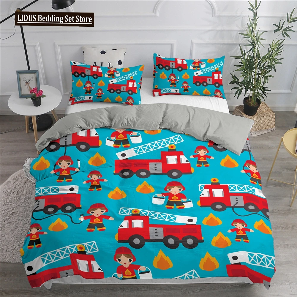 Cartoon Fire Truck King Queen Bedding Set For Boys Kids Concrete Truck Duvet Cover Tractor Crane Excavator Polyester Quilt Cover