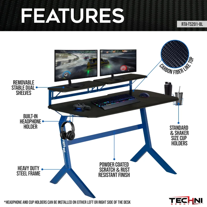 Techni Sport Blue Stryker Gaming Desk con soporte para auriculares y estantería