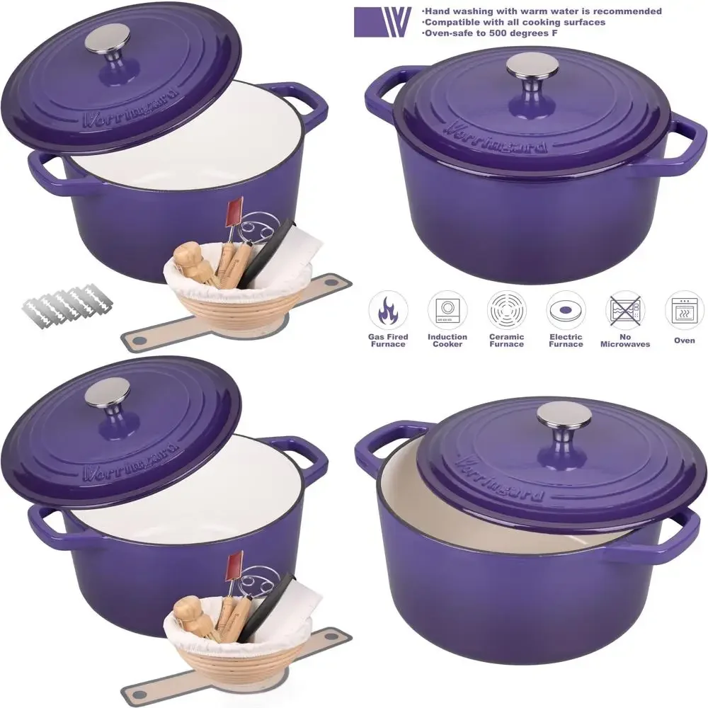 

Purple 4.5-Quart Enamel Cast Iron Dutch Oven with Lid for Sourdough Bread Baking and Supplies