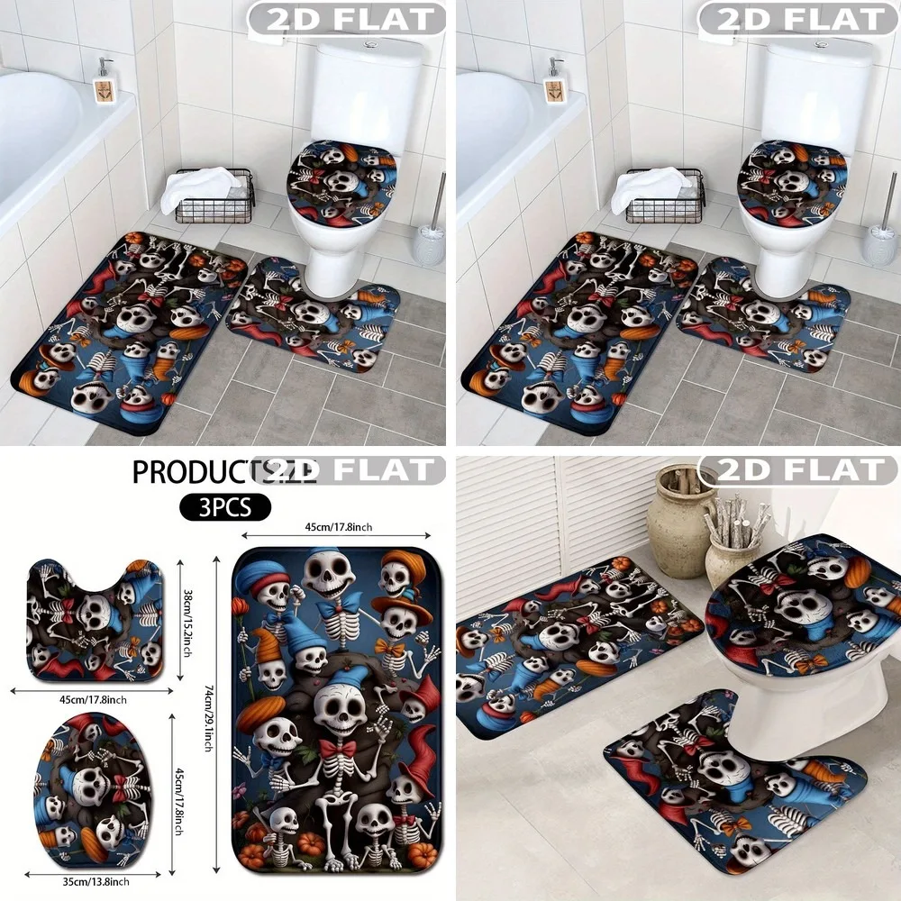 

2D Flat 3pcs Bathroom Rug Set Skeletons Dancing with Pumpkins Bones Non-Slip Washable Bath Mat Set for Bathroom, Kitchen