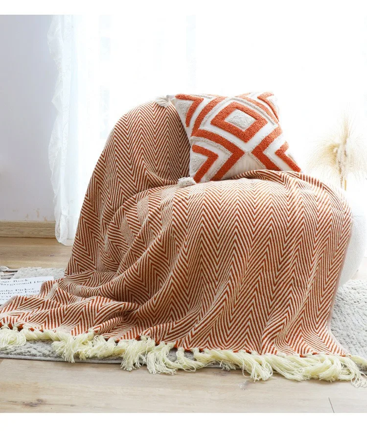 Woven Throw Blanket with Tassel Vintage Chevron Lightweight Sofa Cover Decorative Nap Blanket for Bedroom Living Room Home Decor