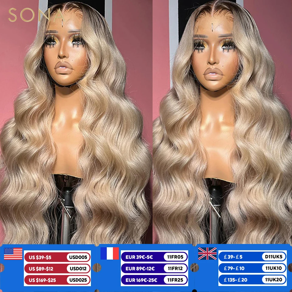 13x6 Ombre Ash Blonde With Root Colored HD Transparent Lace Front Wigs For Women Human Hair Body Wave Lace Frontal WIg