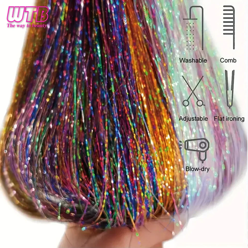 12 Piezas Clip en Cabello 20 Pulgadas Sintético Colorido Glitter Tinsel Extensión de Cabello Fiesta Navidad Año Nuevo Regalo para Mujeres Cabello 6
