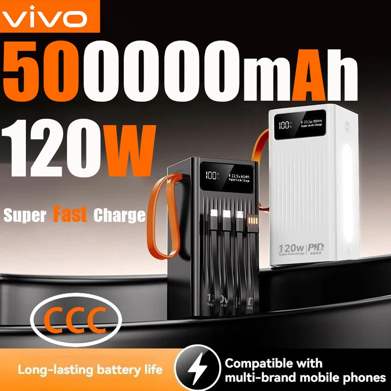 VIVO 200000mAh 120W Power Bank Large Capacity Portable Outdoor Emergency Power Built-in Cable Camping Iight For iPhone Samsung