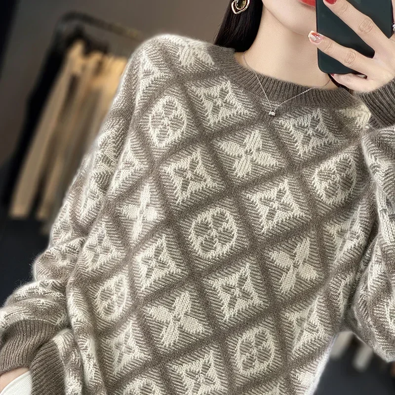 Women's 100% Cashmere Wool Sweater O-Neck Knitted Pullover Soft Comfortable Loose Top for Female Korean Fashion Autumn Winter Ne