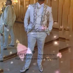 Shiny Metal Embellished Men Suits Groom Tuxedos 2 Pieces Set Wedding Prom Blazers Pants Outfit Slim trajes elegante para hombres