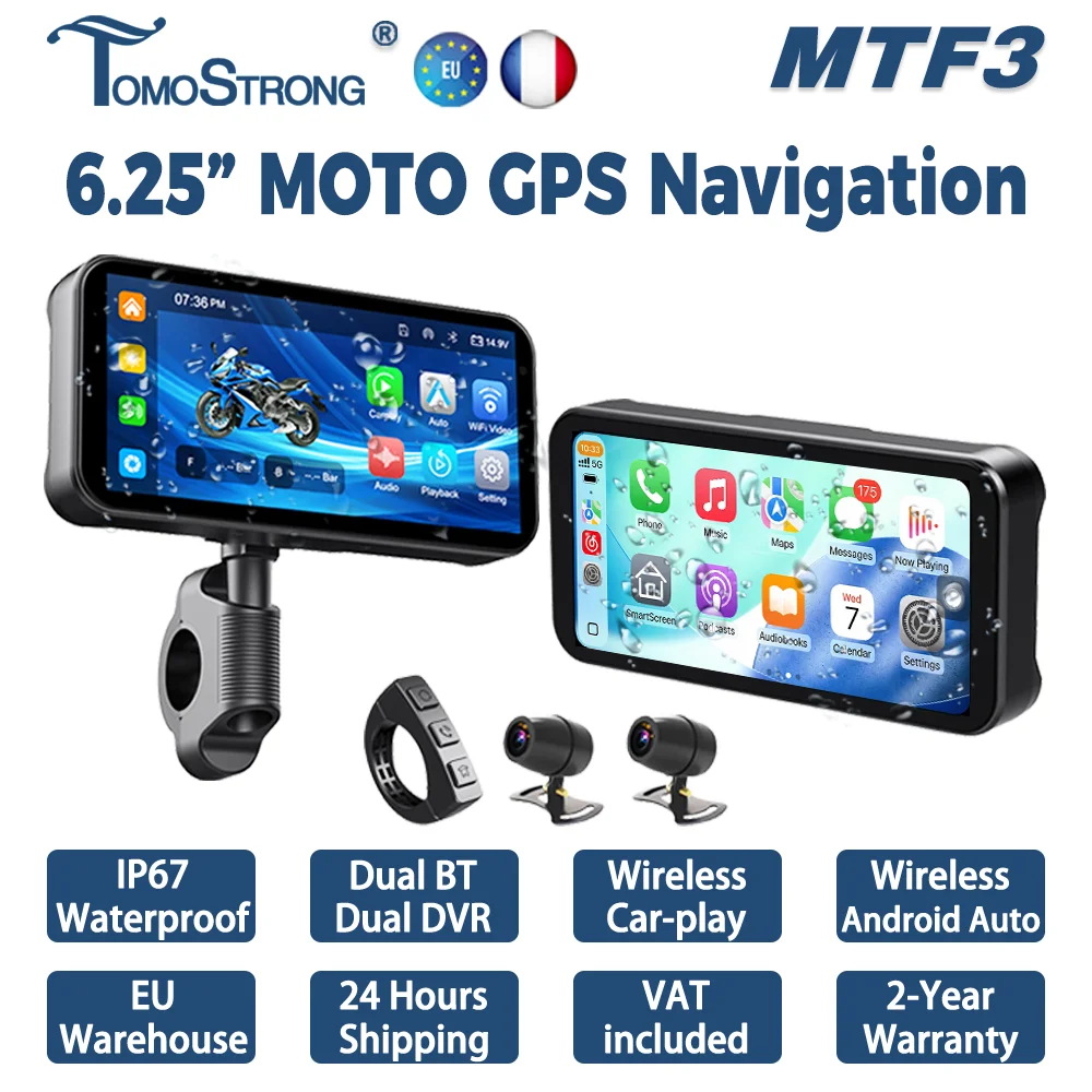 Tomostrong 6.25" Navigation GPS pour moto, étanche IP67, sans fil, Carplay moto, Android Auto, double BT, enregistreur DVR, Moto Monit