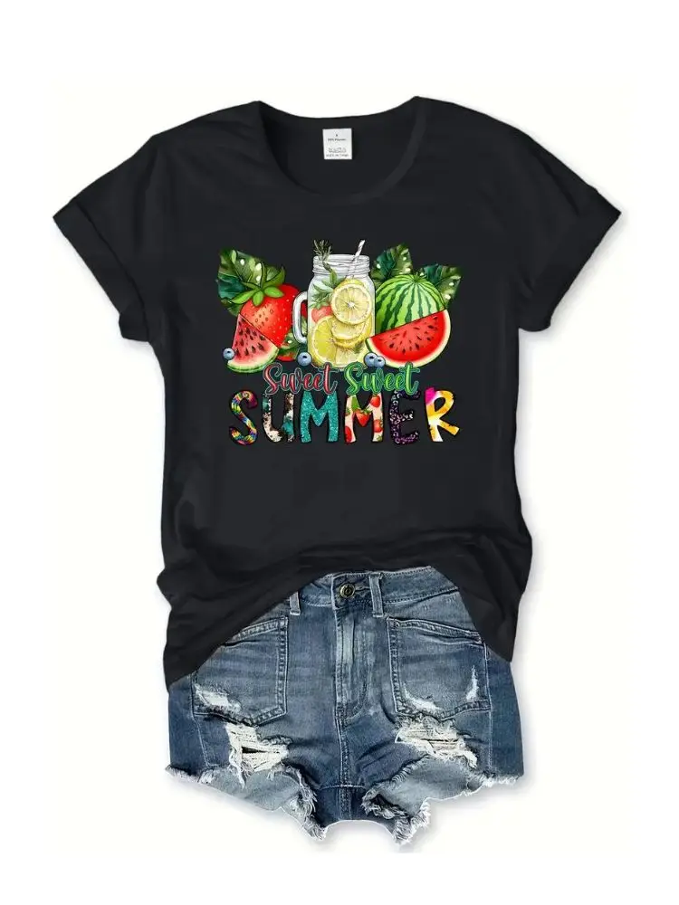 Casual Short Sleeve T-Shirt For Spring & Summer Letter Print Crew Neck Cotton T Shirt 2024 Comfort Tee Tops Women's Clothing