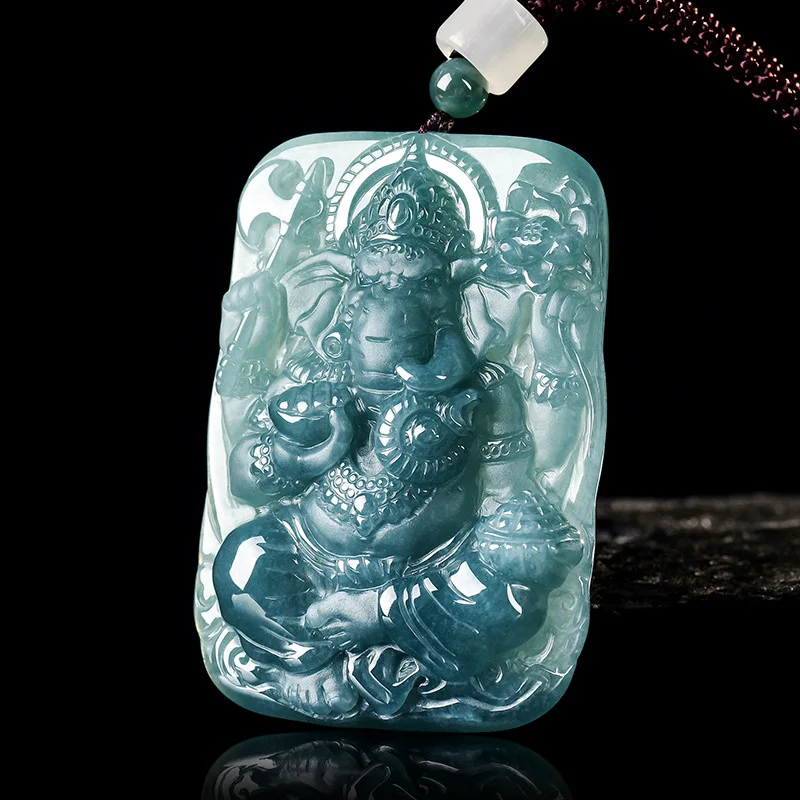 Myanmar Jadeite Ganesha Pendant Carved Amulet Gifts for Women Designer Jewelry Necklace Luxury Vintage Fashion Real Jade Charm