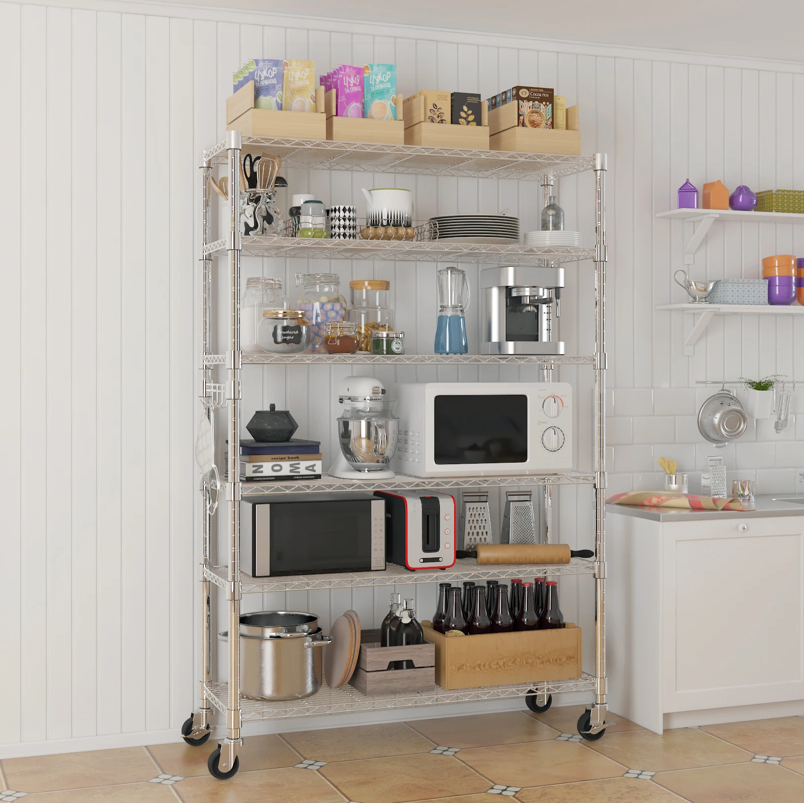 

Storage rack, 6-Tier disassembly free assembly,Steel Wire Shelving with Wheels,shelves,kitchen storage,for families,restaurants