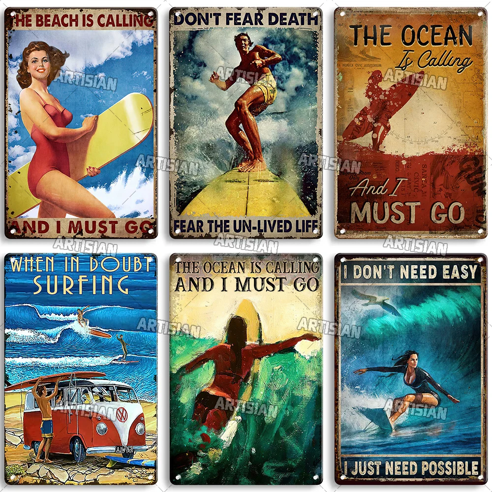 Artisian Surfing Metal Sign Beach Tin Poster Sport Ocean Decorative Plate Wall Decor Garage Bar Pub Club Hotel Cafe Kitchen Home