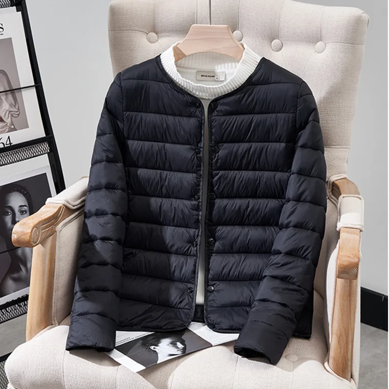 New Light Thin Down Coat Women Liner Duck Down Jacket O-Neck 2024 Casual Fall Collarless Light Quilted Puffer Coat Female 3048