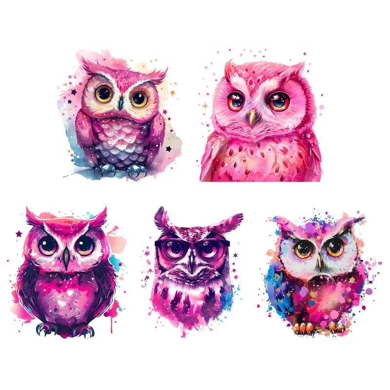 Cartoon Pink Owl Stickers Clothing Patch DTF Heat Transfer Iron On Patches For Clothing DIY Vinyl Stickers Heat Pass Cute Animal