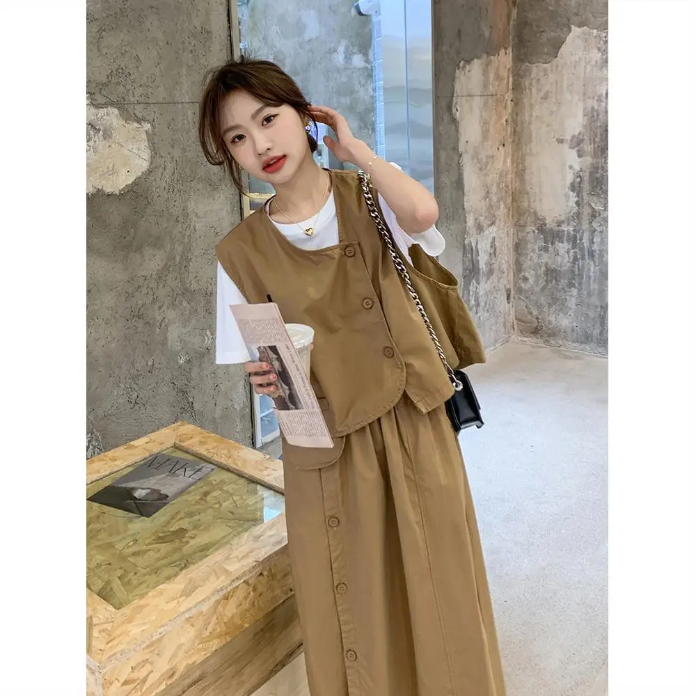 Korea Three Piece Set Women Solid Vests Midi Skirts Loose Spring Ulzzang Sweet Casual Fashion Simple Preppy Style