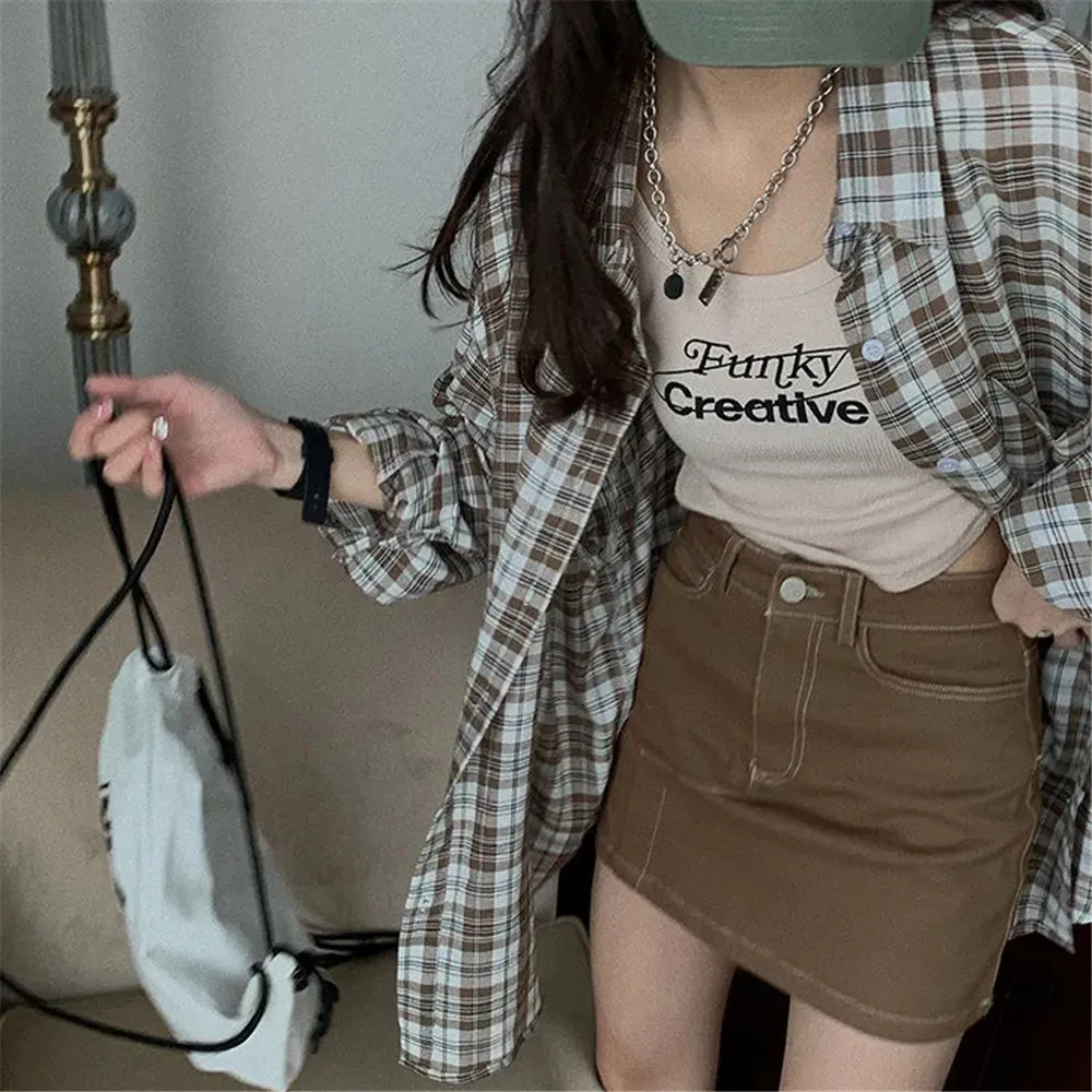 Plaid Shirts Women Long Sleeve Cardigan Vintage Top Black Checked Shirt Cute Button Up Oversize 2022 Korean Loose Fashion Blouse