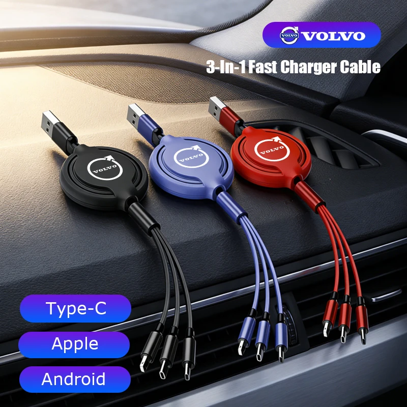 3 In 1 USB Schnelle Ladekabel Typ C Auto Ladegerät Zubehör Für Volvo XC90 V90 V60 XC60 V40 EC40 EX40 S80 S60 S90 C40 XC40 V70