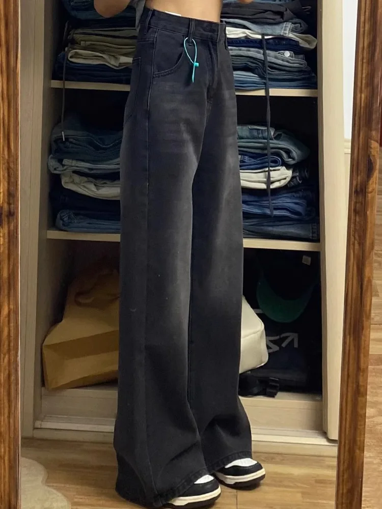 Fce اصطف فضفاض مستقيم الساق الجينز المرأة حجم كبير الخريف الشتاء التخسيس بنطال ذو قصة أرجل واسعة بنطلون طويل عالية الخصر الدنيم #4
