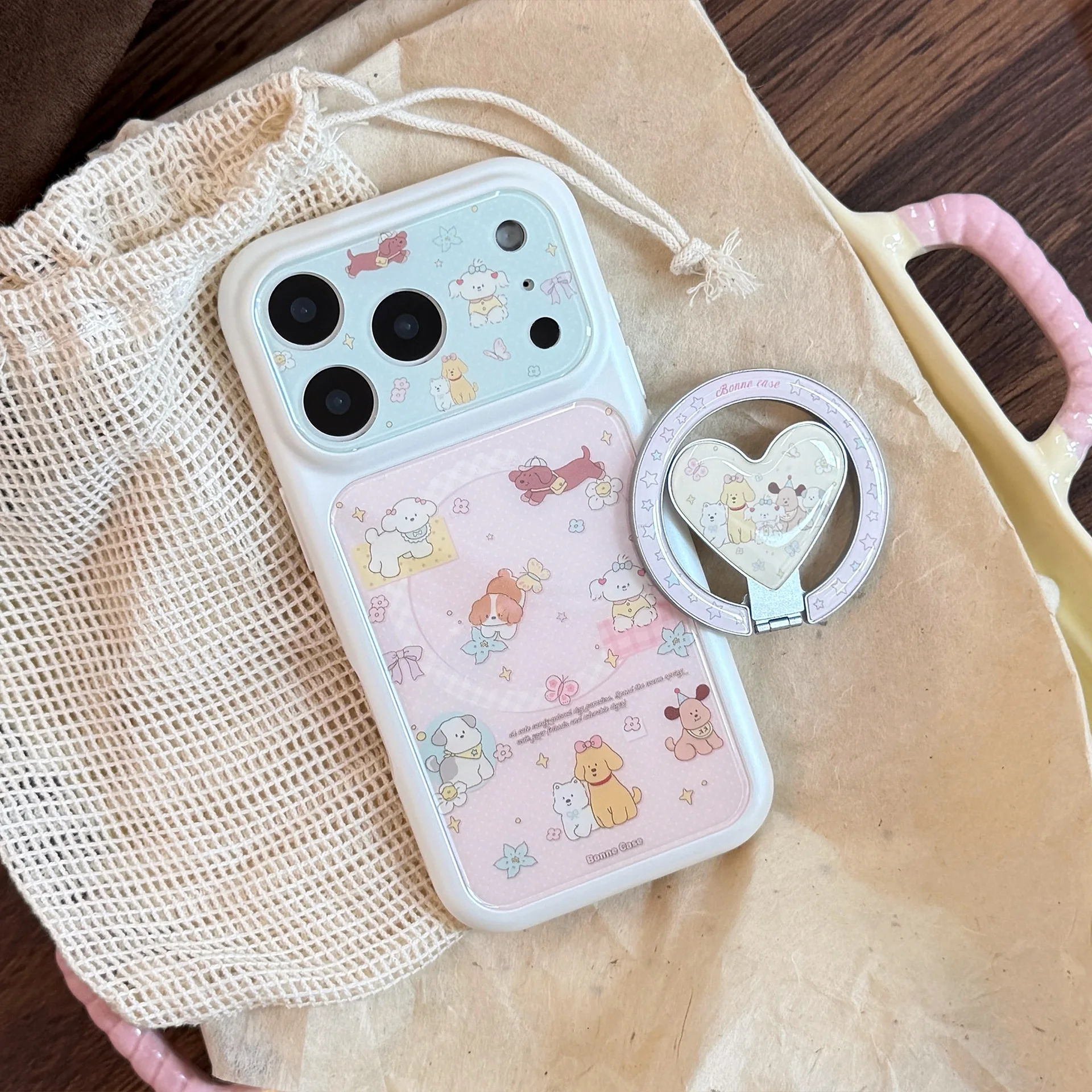 Coque de téléphone antichoc avec support magnétique motif chiot de dessin animé coréen et cœur pliable pour iPhone 17 16 15 14 13 Pro Max