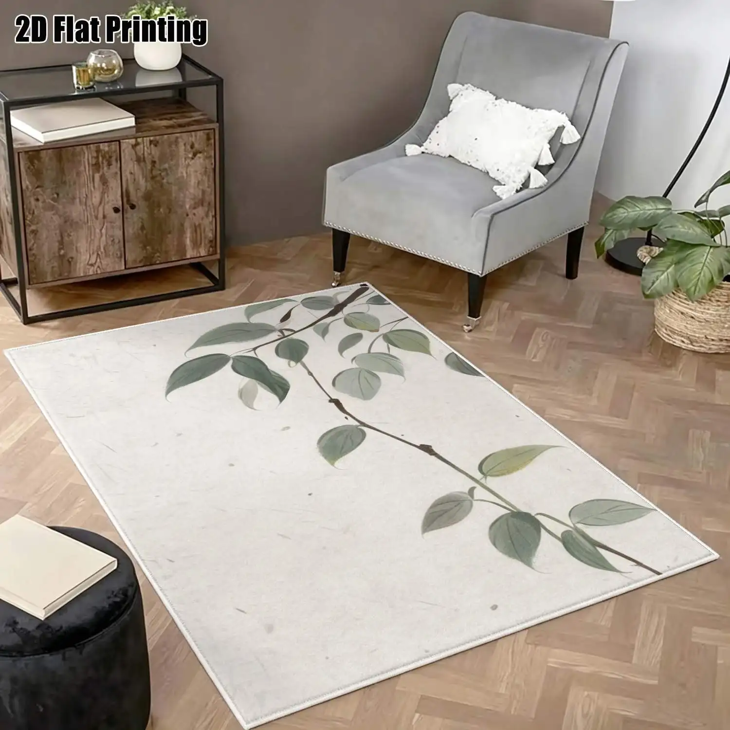 1Pc 2D Printed Velvet Carpet, Fresh Green Leaf&Branch Pattern, Nordic Modern Minimalist Instagram Style, Multi-Size Washable, Perfect for Home Decor, Entryway, Dining Room, Bedroom, Study, Living Room