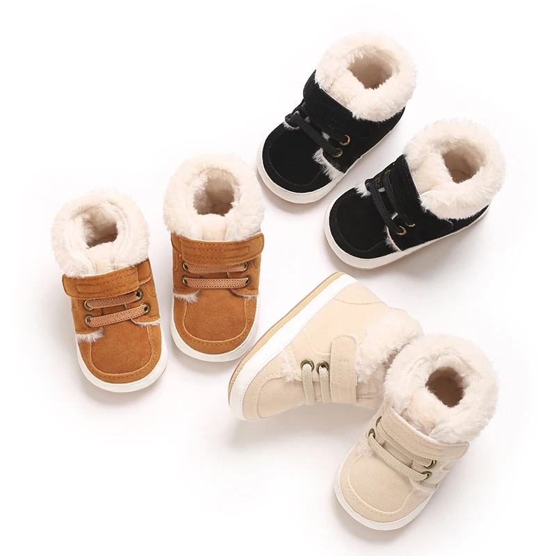 

Winter Baby Boys Girls High Tops Sneakers Rubber Anti-Slip Sole Fleece for Warmth Infant Newborn First Walking Crib Shoes 0-18M