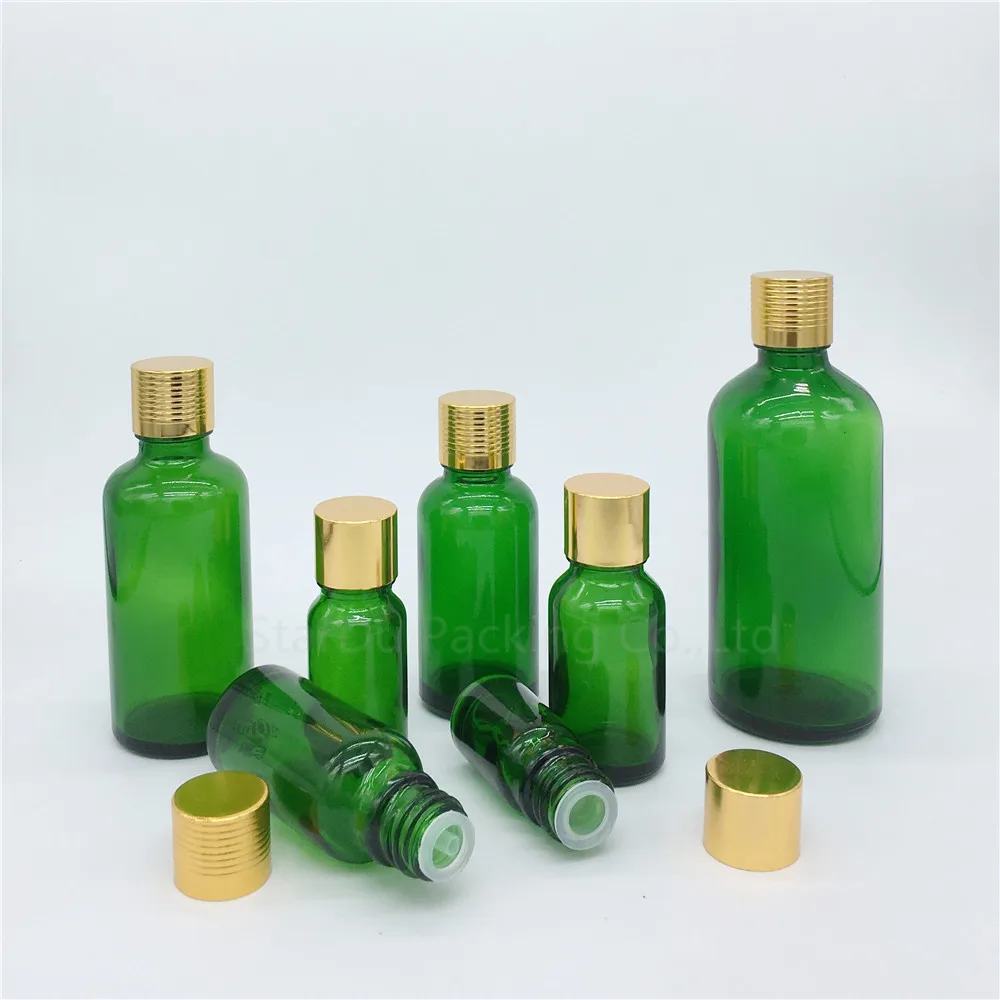 100 unidades 5ml/10ml/15ml/20ml/30ML/50ml/100ml frascos de vidrio verde botella de aceite esencial con tapón de rosca dorado botellas de Perfume