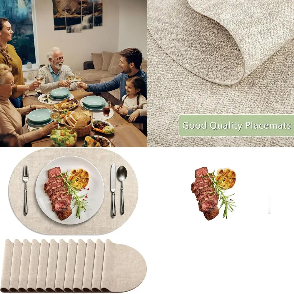 

Set of 12 Waterproof, Heat-Resistant Oval Placemats in Beige - Wipe-Clean, Non-Slip for Indoor & Outdoor Use