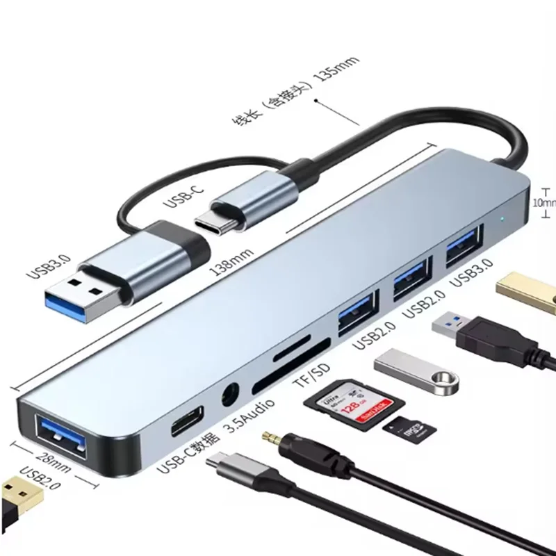 8-in-1 USB-C Hub Type-C Splitter Thunderbolt 3 Dockingstation Laptop Adapter 4K HDMI RJ45 LAN Ethernet TF SD Reader Adapter