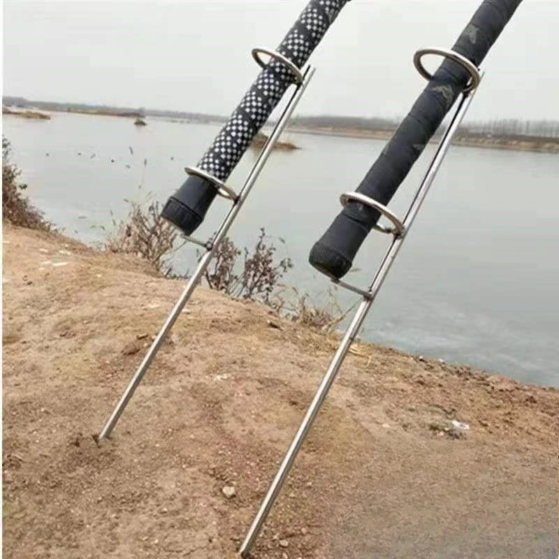 Double Ring Fishing Rod Holder Ground Spike, Heavy Duty Metal Bank Fishing Rod Stand for Shore Surf Sea Fishing Outdoor Angling view 6