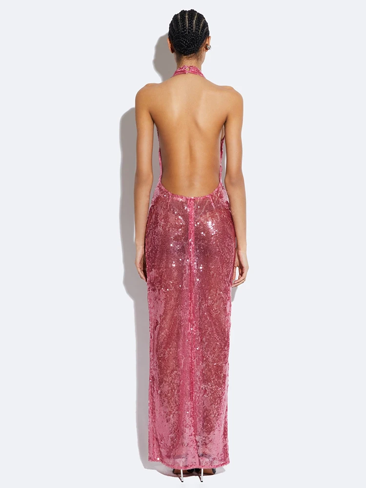 VC-Robe longue à col en V profond pour femmes, licou, paillettes transparentes, dos nu, mince, célébrité, cocktail, soirée, quelque soit