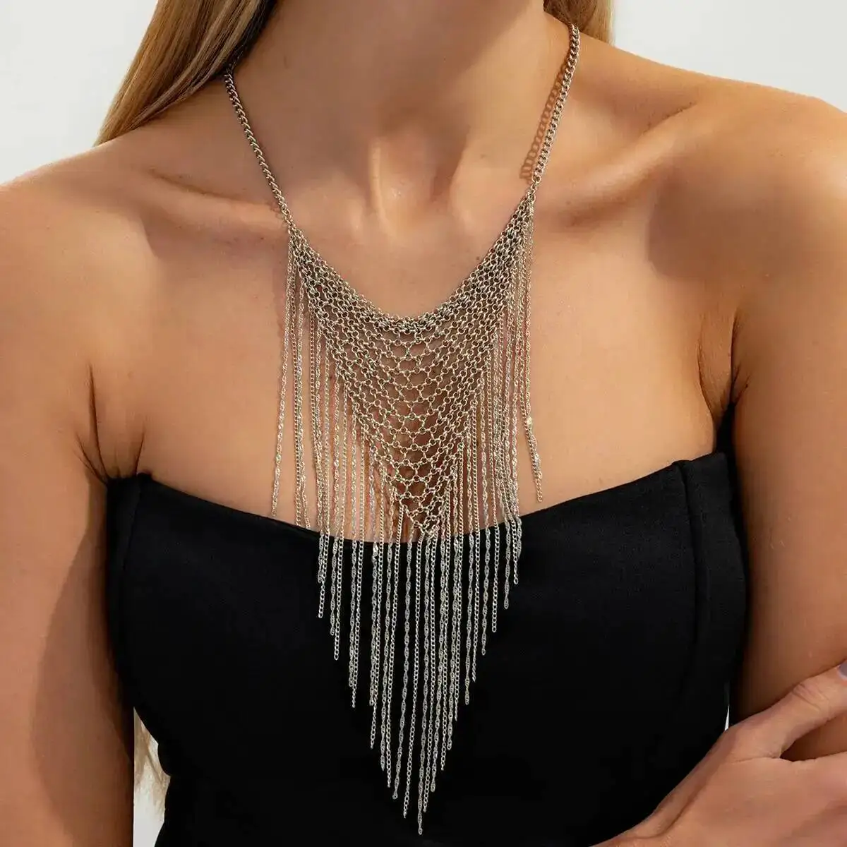 

SHIXIN Elegant Weaving Mesh Chain Necklace for Women Luxury Multilayer Metal Long Tassel Necklaces Party Banquet Neck Jewelry