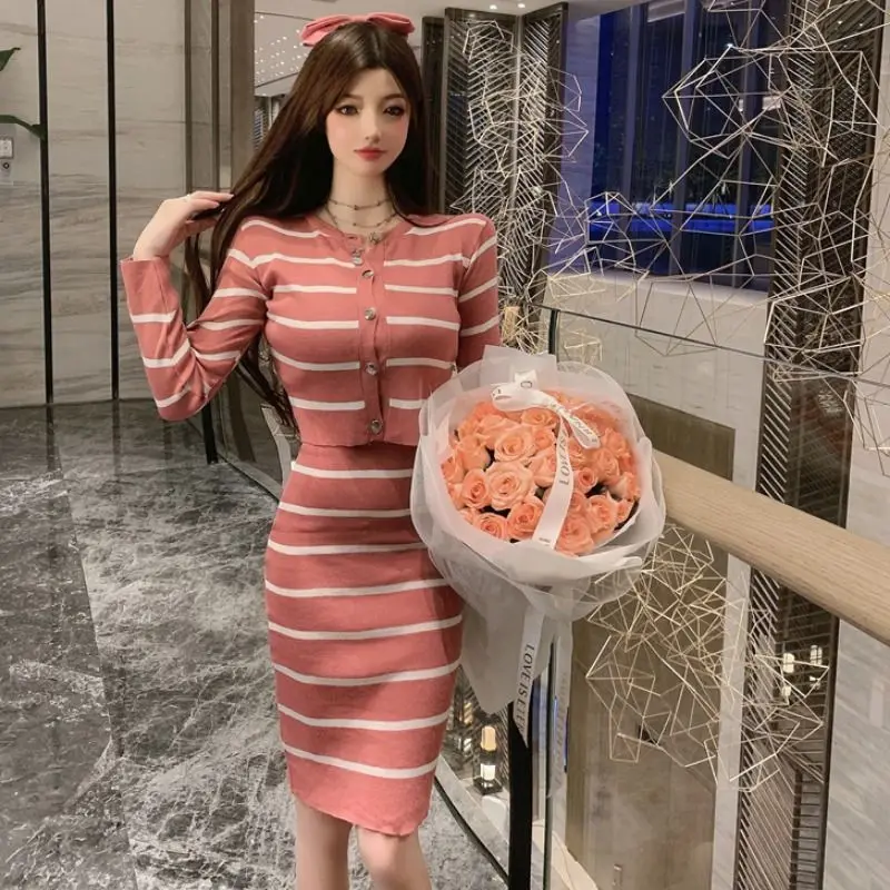 Autumn Winter Dresses For Women 2024 Ins Striped Carfigan+Wrap Hip Dress 2 Piece Sets Womens Outfits Korean Fashion 스커트 세트 투피스