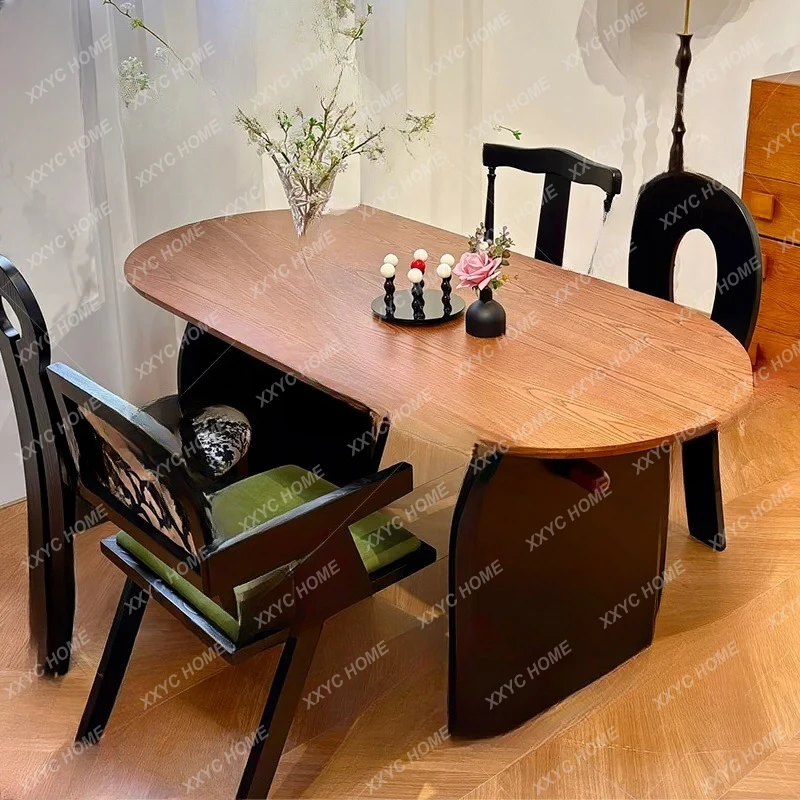 

retro style oval dining table and chair combination small apartment home, solid wood dining
