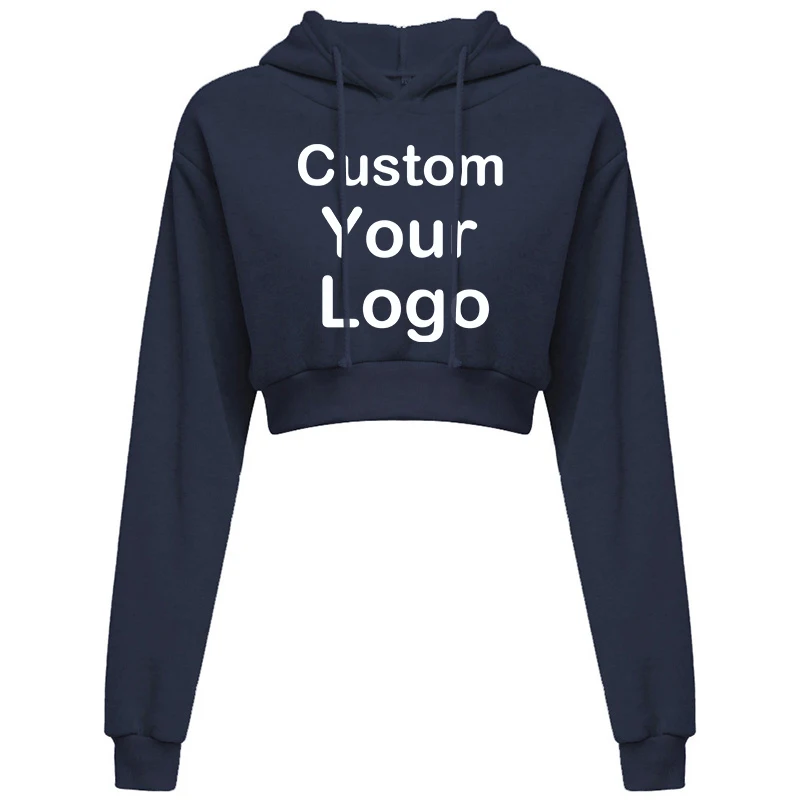 Customized Logo Print Crop Hoodie Women Spring Autumn Pullovers Ladies Solid Color Drawstring Hooded Full Sleeve Sweatshirt