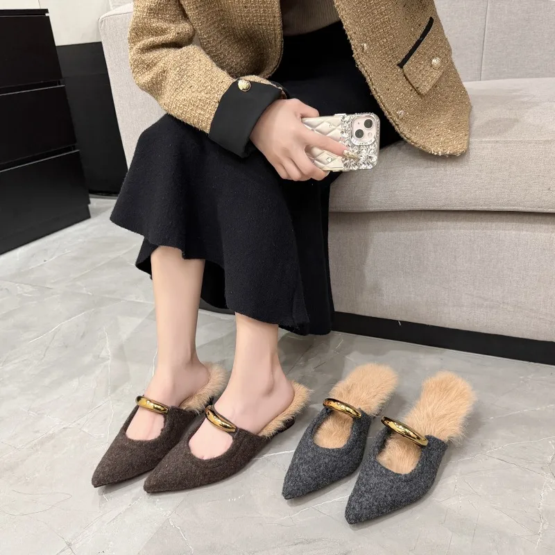 

2025 New Winter Cotton Women Mary Jane Shoes Fashion Shallow Pointed Toe Shoes Concise Square Heels Shoes Luxury Low Heel