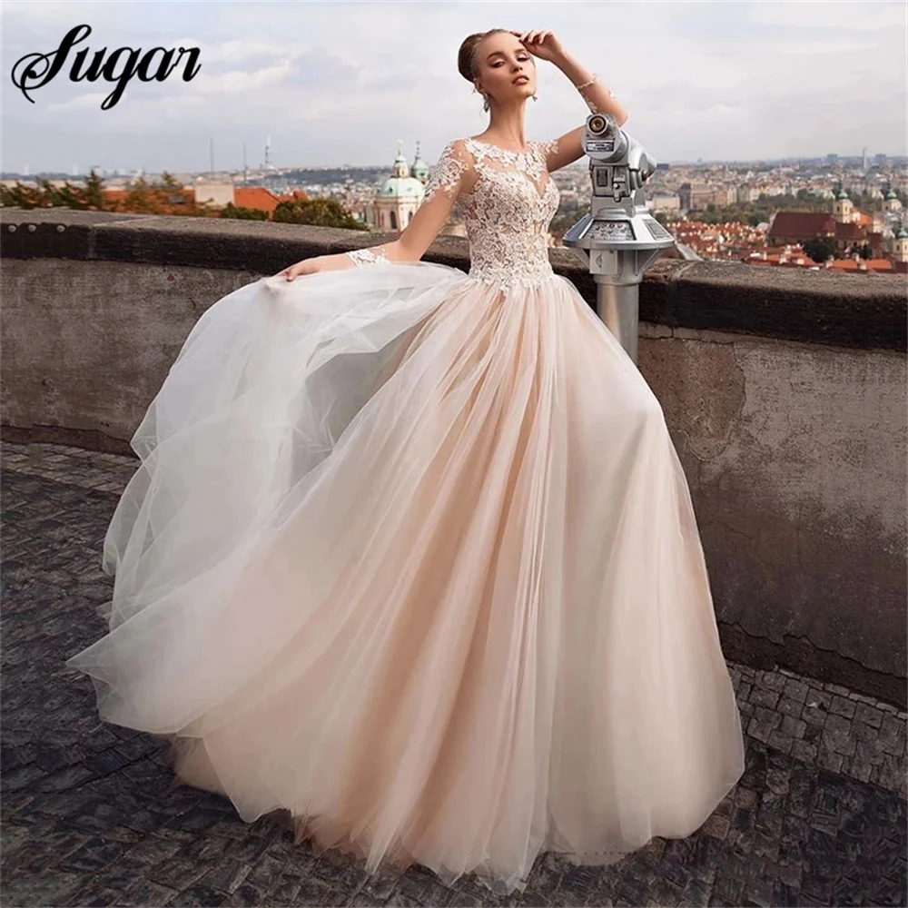 فستان زفاف عتيق برقبة دائرية من الدانتيل وأكمام طويلة مزين بالوهم فساتين زفاف تول سويب تراين Vestidos De Noiva Mariage Civil #4