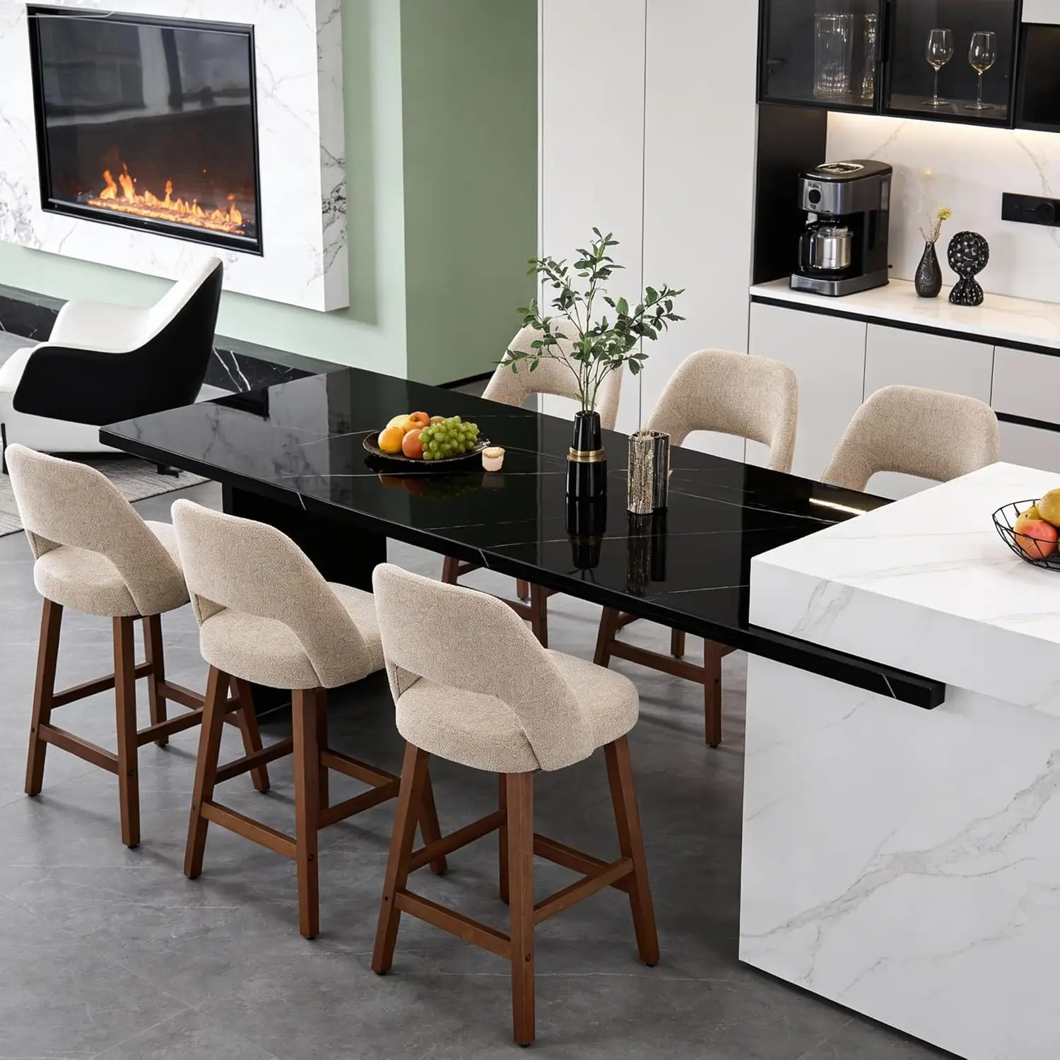 

26in Counter Height Bar Stool Set w/ Back Upholstered Wood Legs Footrest Tan Fabric, Customized