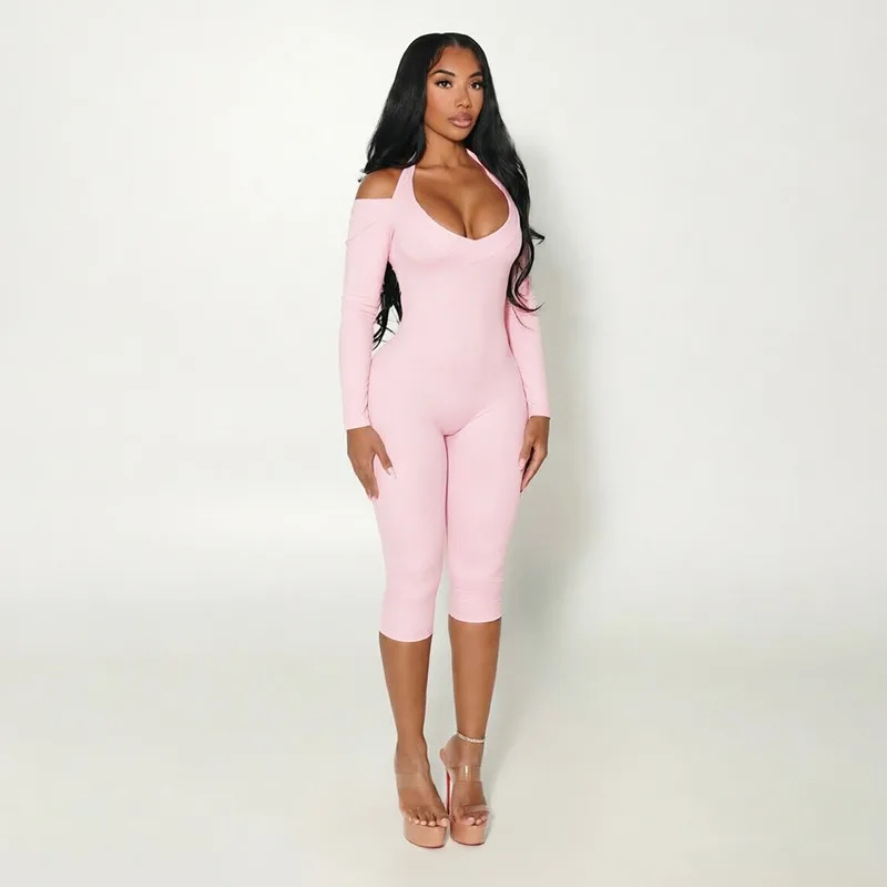 Halter Neck 3/4 Sleeve Jumpsuit, Snake Print Backless Drop Shoulder Design for Women, Autumn Winter Romper