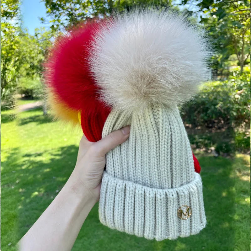 Sale Fashion 2022 Real Fox Fur Ball hats Winter Hat Cap Kids Boy Girl Aldult Keep Warm Big Fur Pom Poms Ski Hat Fur Pompoms Hat