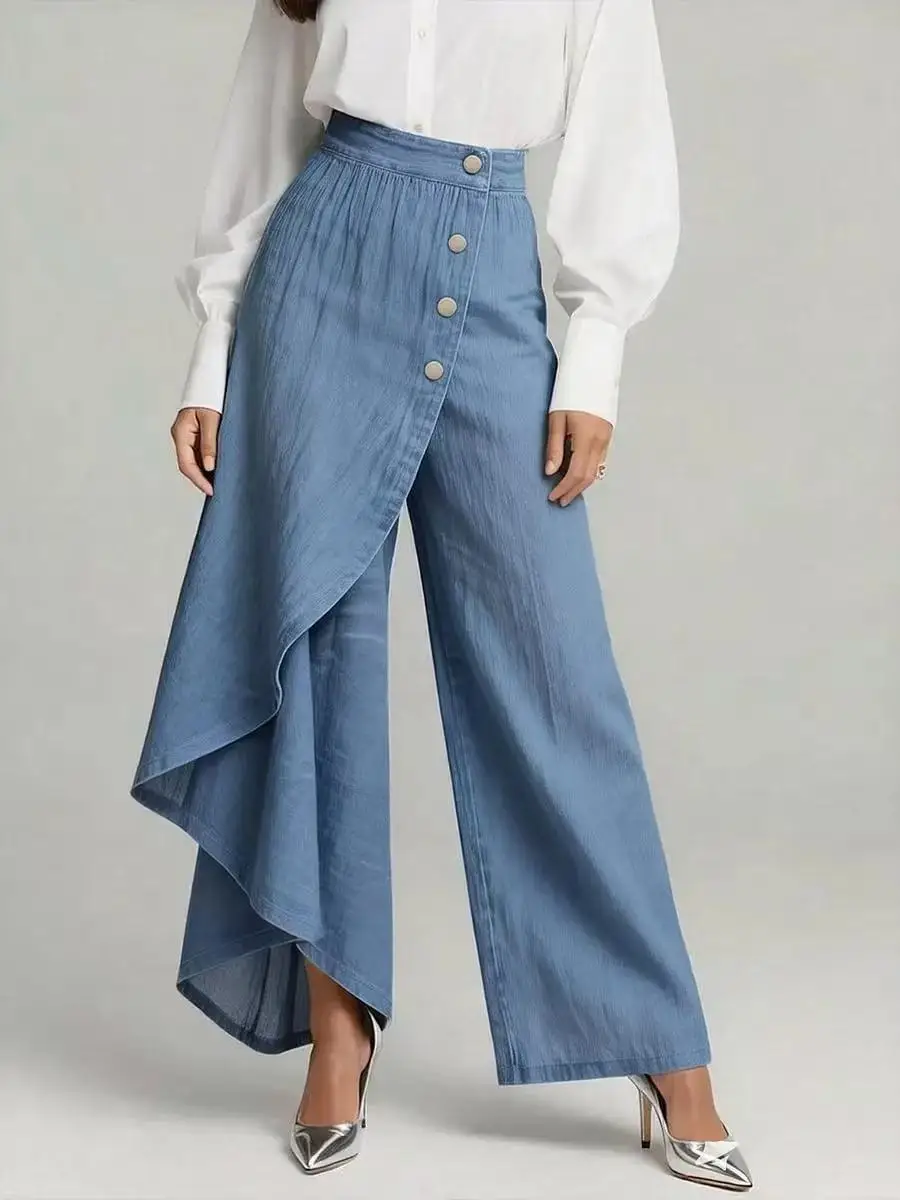 2026 New Women's Casual Wide Leg Pants Spring Fashion Breasted Design Ladies Slim Trousers Vintage Imitation Denim Women Pants