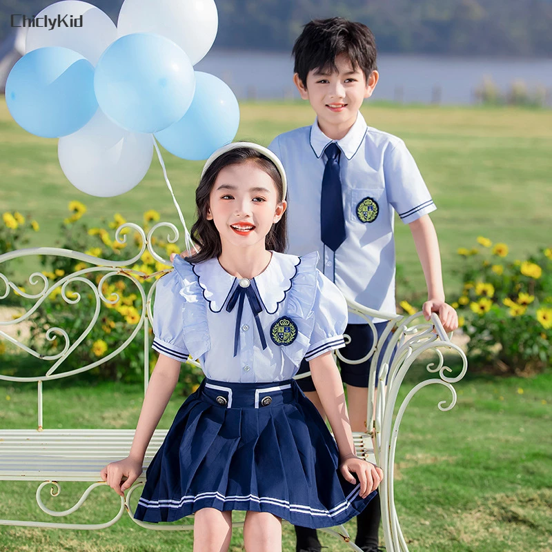 Boys British Shirt Tie Shorts Girls Peter Pan Collar Blouse Skirts Kids Toddler Cute Clothes Sets Children Summer School Uniform