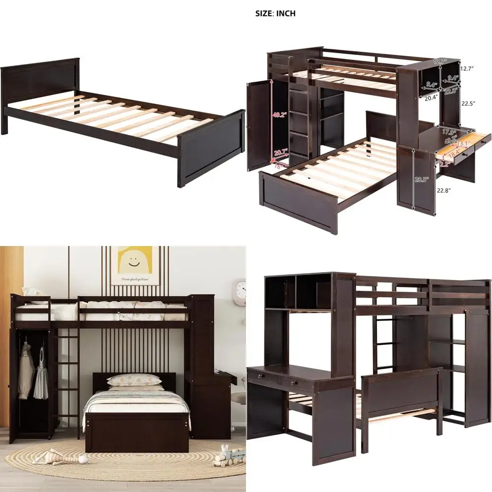 

Двухъярусная кровать Twin-Over-Twin со столом, ящиками, шкафом, деревянный комплект для детей и подростков