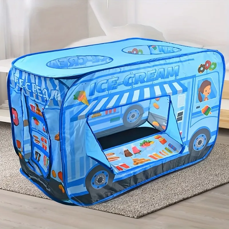 Tente de jeu voiture de crème glacée bleue Pop up 3 ouvertures maison de jeu pour enfants camion à desserts bleu salle de jeu à thème adaptée à l'intérieur et à l'extérieur