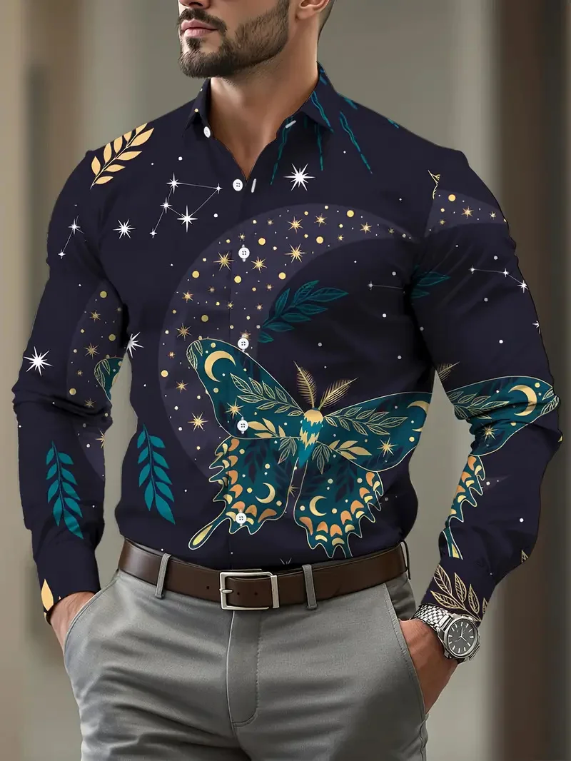 

New Men's Long Sleeve Shirt Art Graffiti Leaf Print Casual Butterfly Top Vintage Style Autumn Pattern Top