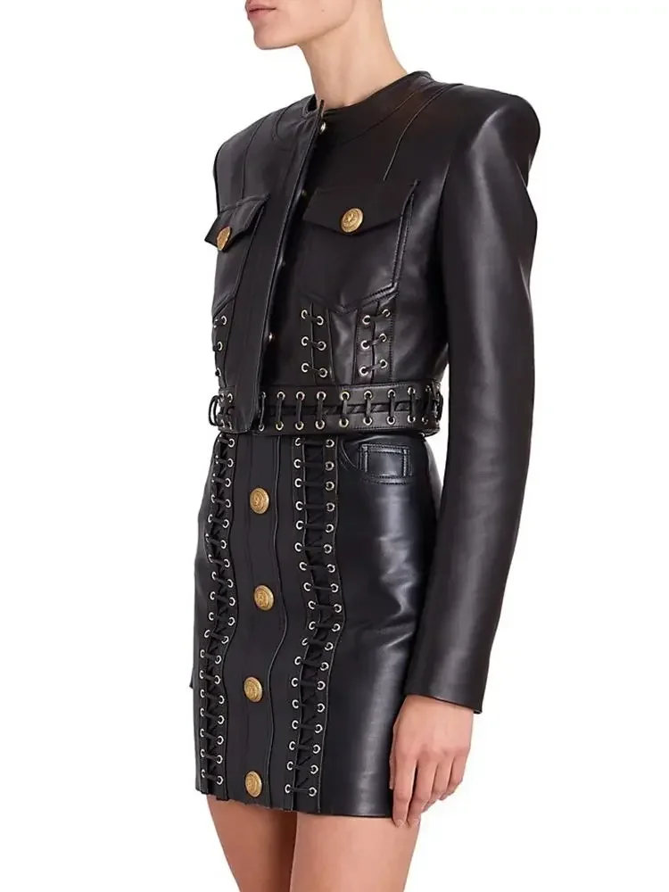 2023 New Autumn and Winter Women's Wear Perforated Leather Short Jacket+Short Skirt Fashion Sexy Party 2-piece PU Set