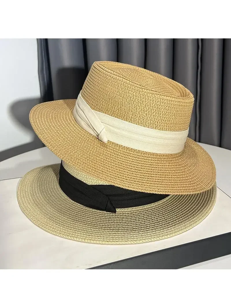 

Side cm flat top Panama straw hat women's new holiday sunshade straw hat French seaside beach woven hat