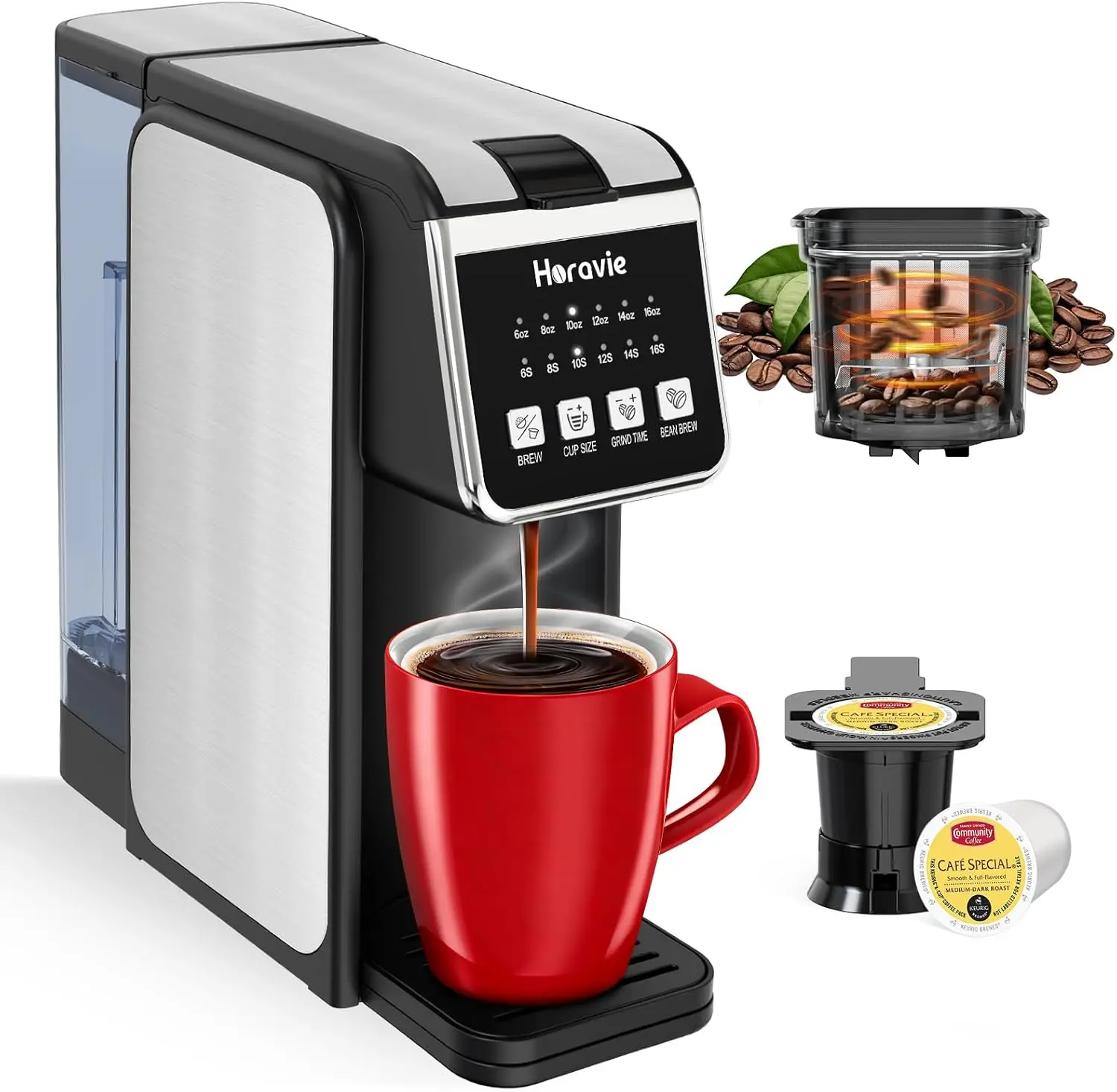 

Single Serve Coffee Maker with Built-in Grinder, Fast Brew 6-16oz Single Cup for Whole Beans, Grounds